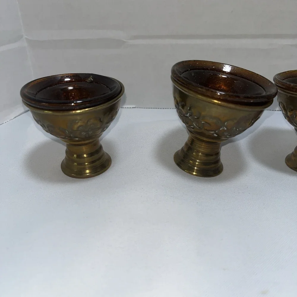 6 Piece Brass With Amber Glass Offering Bowls , Tibetan Vintage